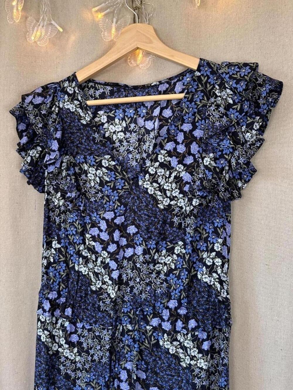 Rebecca Taylor Ava Floral Ruffle Dress Blue Silk | Size 4 Summer Festival - Picture 3 of 8